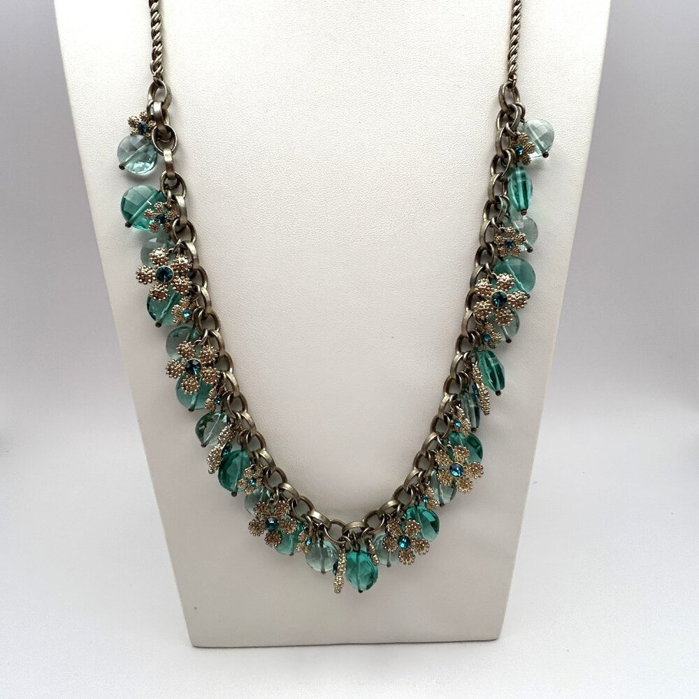 Talbots Glass Beaded Teal Aqua Floral Charm Necklace Toggle 30 in
